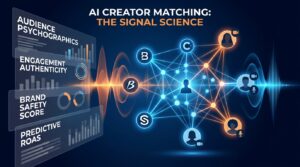 AI creator matching signal science — network of brand and creator nodes connected by layered data signals
