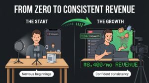Split-screen showing a new seller going from zero livestream viewers to consistent revenue