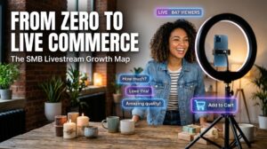 Small business owner running a professional livestream with viewer engagement overlays showing 847 live viewers and shopping cart interactions