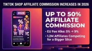 TikTok Shop affiliate commission hike 2026 — up to 50% affiliate commission infographic with EU fee increase from 5% to 9%