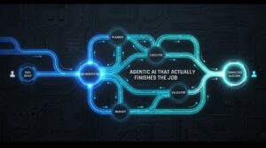 Agentic AI end-to-end workflow architecture showing interconnected agent nodes from goal input to completed outcome