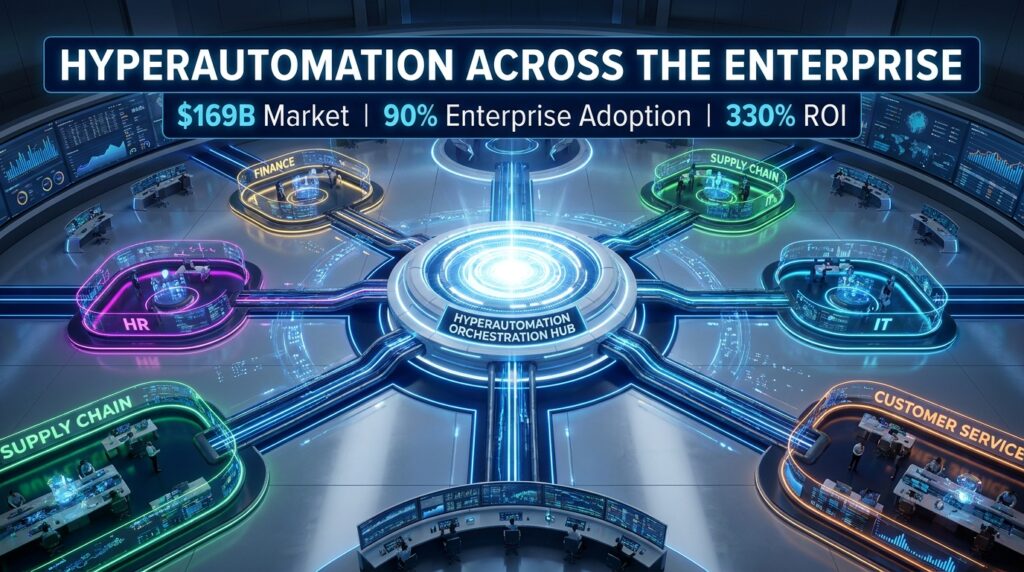 Hyperautomation across the enterprise — interconnected department nodes with centralized orchestration hub showing $169B market, 90% enterprise adoption, 330% ROI