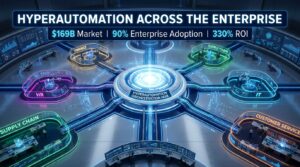 Hyperautomation across the enterprise — interconnected department nodes with centralized orchestration hub showing $169B market, 90% enterprise adoption, 330% ROI