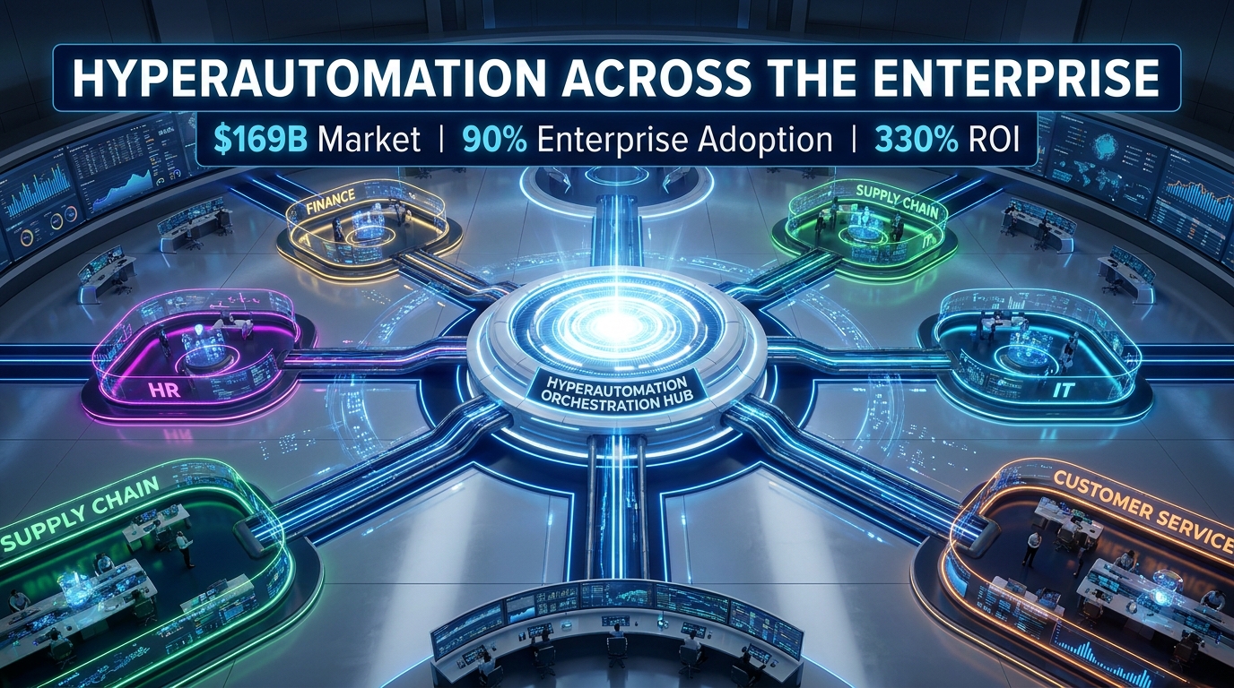 Hyperautomation across the enterprise — interconnected department nodes with centralized orchestration hub showing $169B market, 90% enterprise adoption, 330% ROI