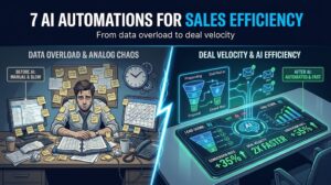 Split-screen infographic comparing a chaotic manual sales desk with an AI-powered clean pipeline dashboard — 7 AI Automations for Sales Efficiency