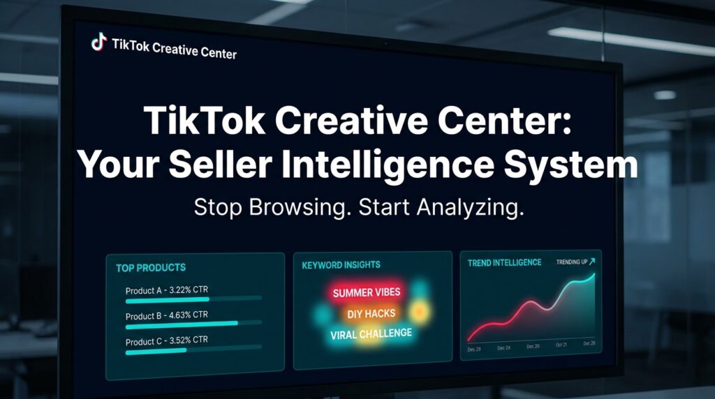 TikTok Creative Center seller intelligence system dashboard showing Top Products, Keyword Insights, and Trend Intelligence data panels