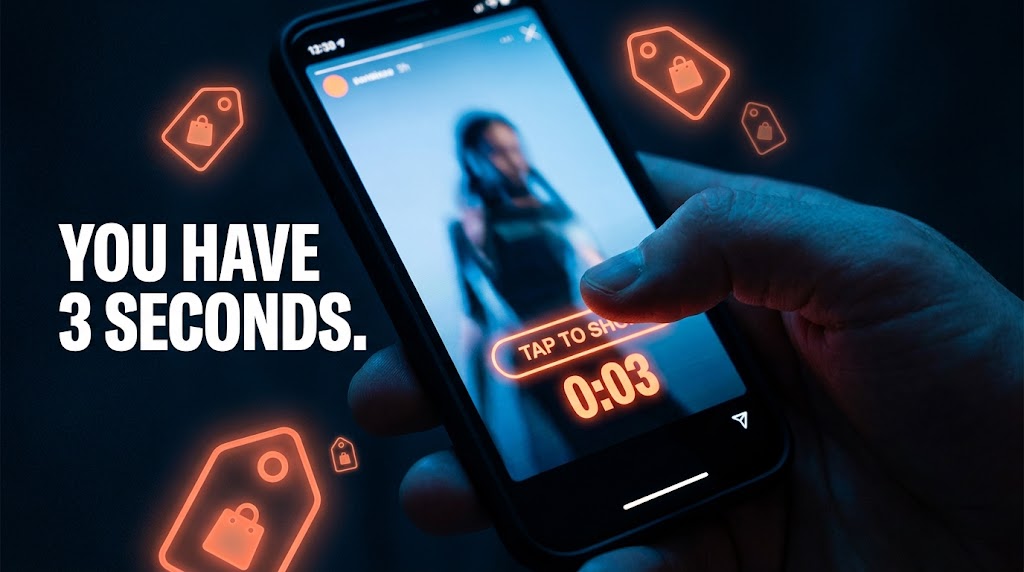 Smartphone screen showing a shoppable video with a TAP TO SHOP button and a 3-second countdown — you have 3 seconds to hook your viewer