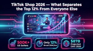 TikTok Shop 2026 — What Separates the Top 12% of Sellers From Everyone Else — infographic with key stats