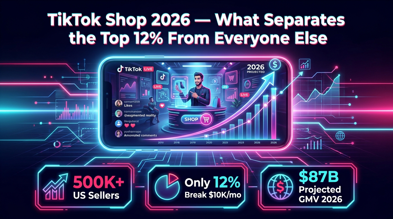 TikTok Shop 2026 — What Separates the Top 12% of Sellers From Everyone Else — infographic with key stats