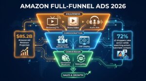 Amazon Full-Funnel Ads 2026 infographic showing three-tiered funnel with Awareness, Consideration, and Conversion layers