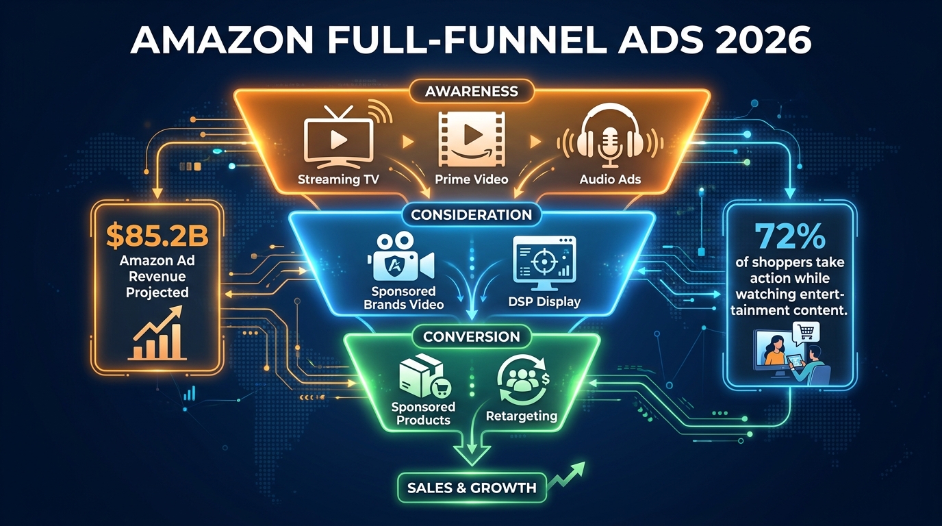 Amazon Full-Funnel Ads 2026 infographic showing three-tiered funnel with Awareness, Consideration, and Conversion layers