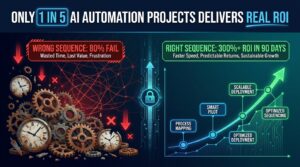 Split visualization showing wrong vs right AI automation sequencing, with stat overlay: Only 1 in 5 AI Automation Projects Delivers Real ROI