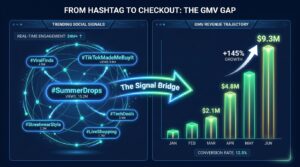 From Hashtag to Checkout: The GMV Gap — split-screen dashboard showing trending hashtags on the left and climbing GMV revenue bars on the right