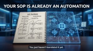 SOP playbook document transforming into AI automation workflow — your SOP is already an automation, you just haven