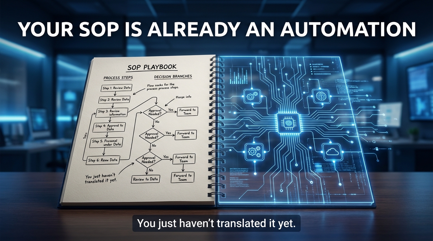 SOP playbook document transforming into AI automation workflow — your SOP is already an automation, you just haven