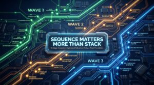 Hyperautomation roadmap wave planning diagram showing sequenced use case pathways labeled Wave 1, Wave 2, Wave 3 on a circuit board background