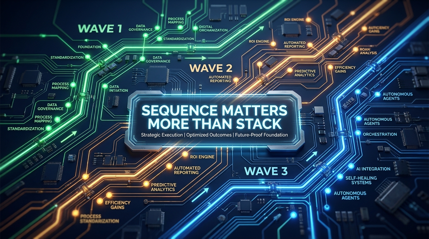 Hyperautomation roadmap wave planning diagram showing sequenced use case pathways labeled Wave 1, Wave 2, Wave 3 on a circuit board background