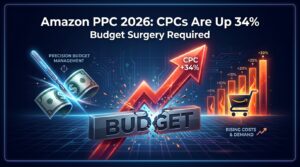 Amazon PPC 2026 hero image showing rising CPC costs and budget surgery concept