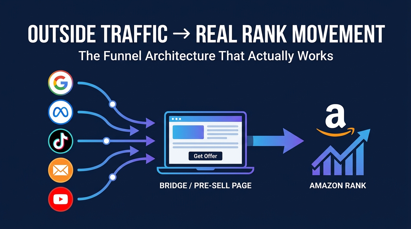 Outside traffic funnel architecture diagram showing how external channels flow through a bridge page into Amazon rank improvement