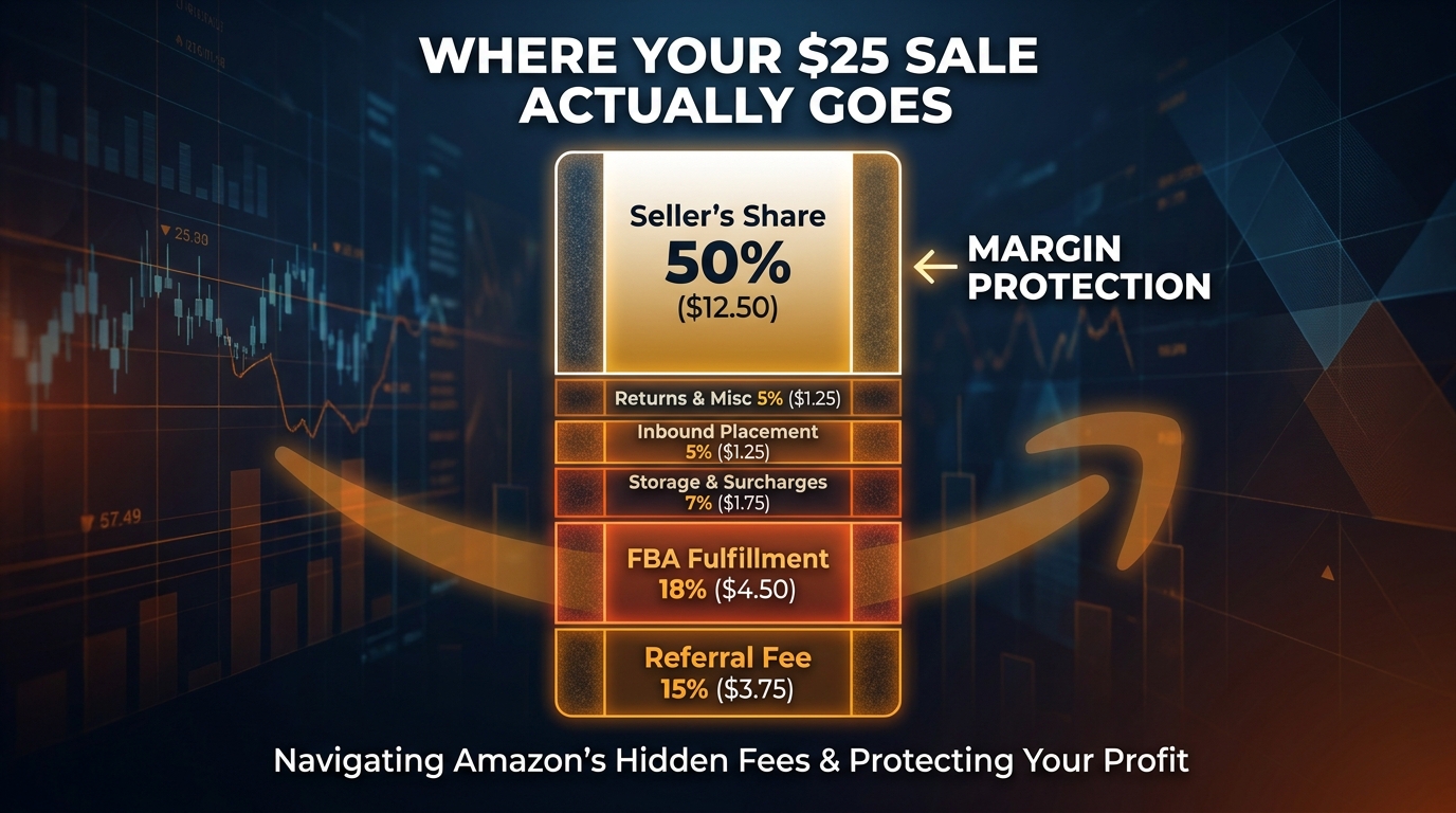 Stacked bar chart showing where a $25 Amazon sale actually goes across referral fees, FBA fulfillment, storage surcharges, inbound placement, and returns — leaving roughly half to the seller