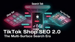 TikTok Shop SEO 2.0 — The Multi-Surface Search Era hero image showing three ranking surfaces