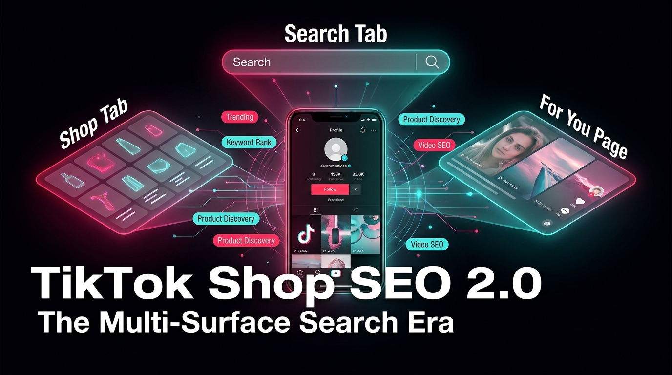 TikTok Shop SEO 2.0 — The Multi-Surface Search Era hero image showing three ranking surfaces