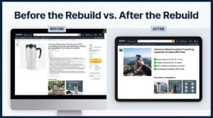 Before and after comparison of an Amazon listing rebuild — from cluttered, low-converting copy to a clean, high-converting listing with sharp images and benefit-driven bullets