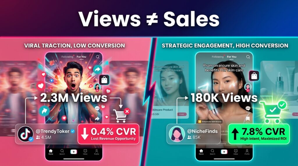 Split screen showing viral TikTok video with 0.4% CVR vs modest video with 7.8% CVR — Views do not equal Sales