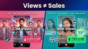 Split screen showing viral TikTok video with 0.4% CVR vs modest video with 7.8% CVR — Views do not equal Sales