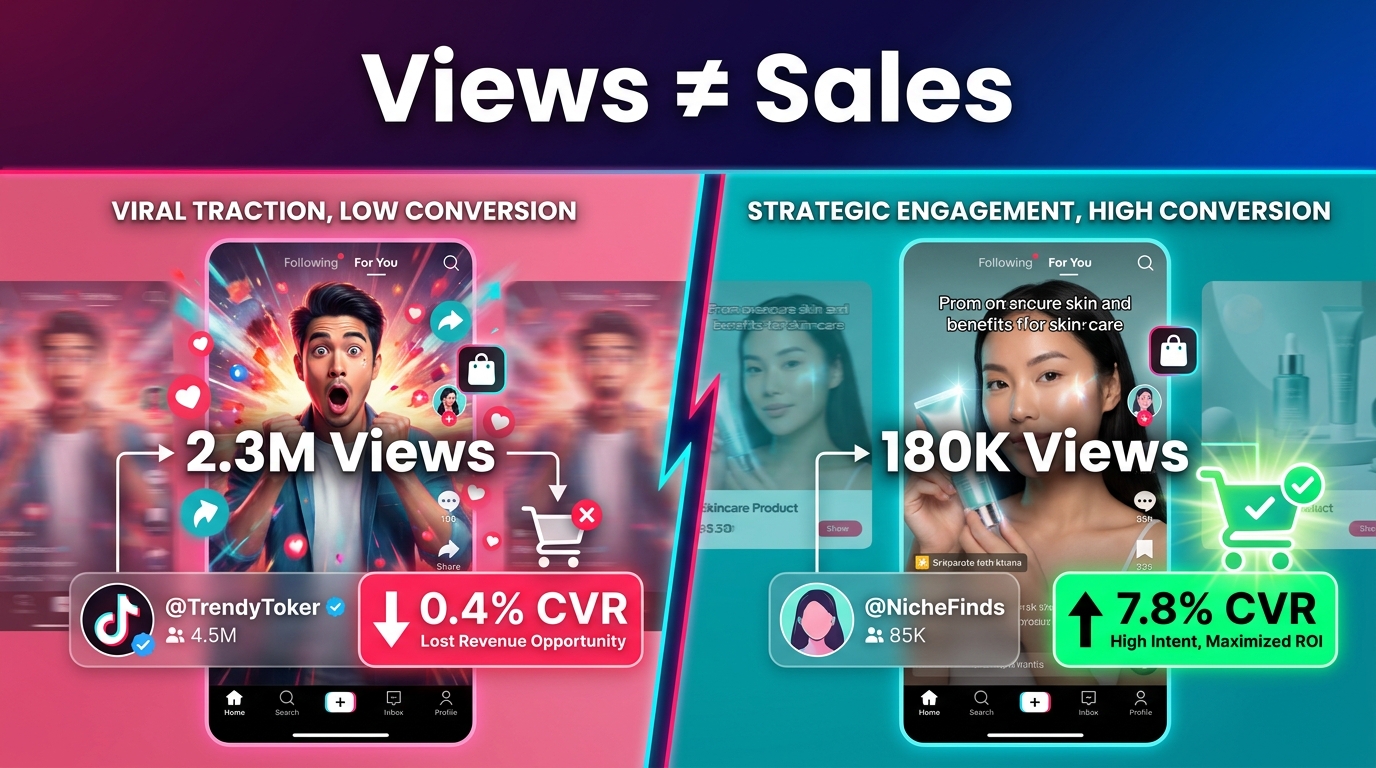 Split screen showing viral TikTok video with 0.4% CVR vs modest video with 7.8% CVR — Views do not equal Sales