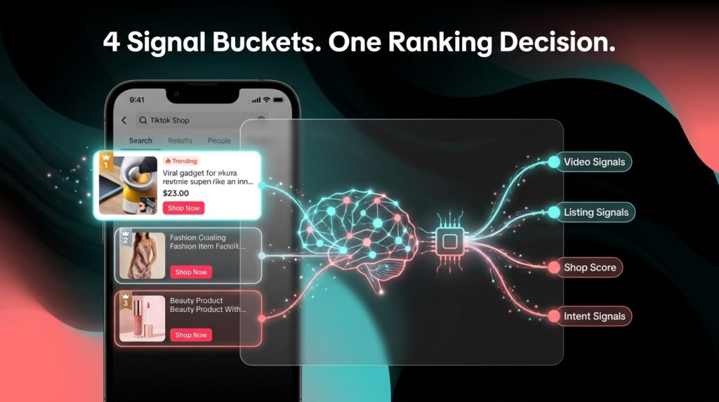 TikTok Shop AI search ranking signals — four signal buckets feed one ranking decision