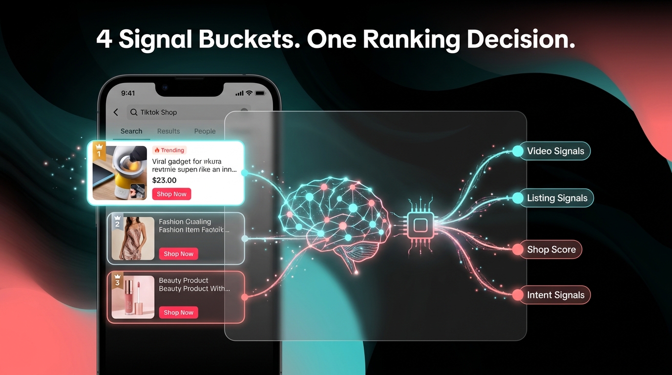 TikTok Shop AI search ranking signals — four signal buckets feed one ranking decision