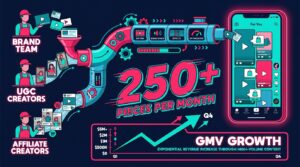 TikTok Shop content engine infographic showing three creator layers feeding into a high-volume production pipeline with 250+ pieces per month output