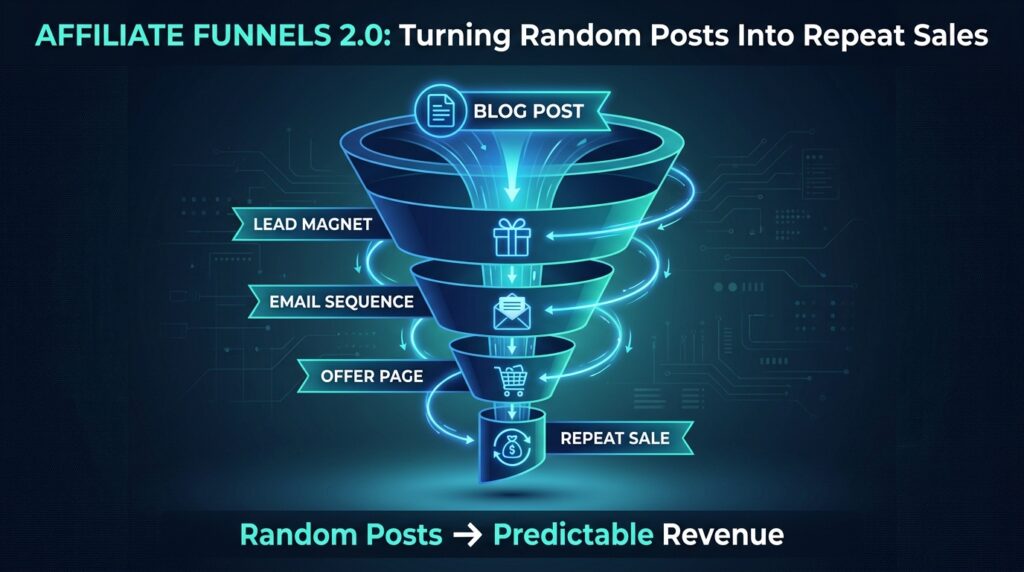 Affiliate Funnels 2.0 infographic showing a funnel from Blog Post through Lead Magnet, Email Sequence, and Offer Page to Repeat Sale