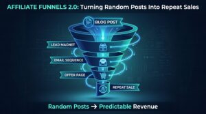 Affiliate Funnels 2.0 infographic showing a funnel from Blog Post through Lead Magnet, Email Sequence, and Offer Page to Repeat Sale