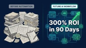 AI process automation ROI comparison — before and after automation with 300% ROI stat overlay