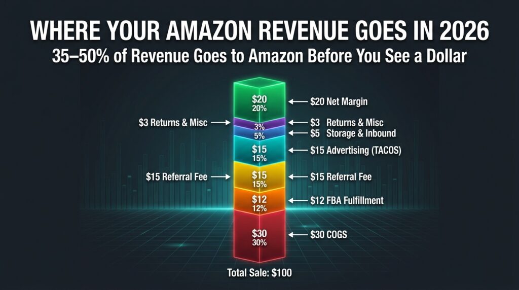 Stacked bar chart showing where Amazon revenue goes in 2026 — 35-50% consumed by fees and advertising before seller profit