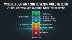 Stacked bar chart showing where Amazon revenue goes in 2026 — 35-50% consumed by fees and advertising before seller profit