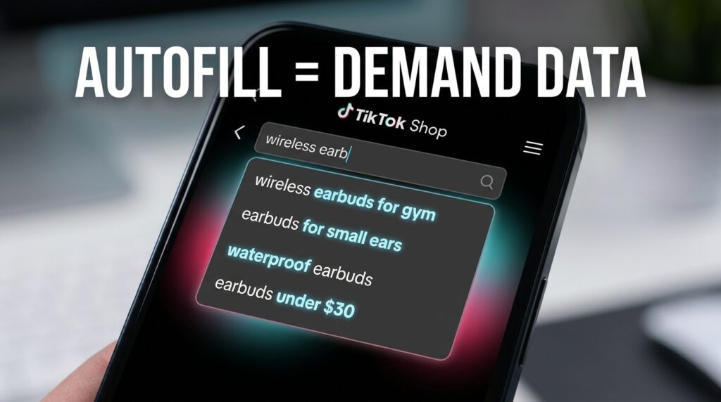 TikTok Shop search bar showing autofill keyword suggestions — AUTOFILL = DEMAND DATA