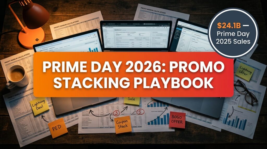 Prime Day 2026 Promo Stacking Playbook — seller war room with margin spreadsheets and deal strategy notes