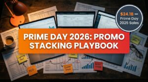 Prime Day 2026 Promo Stacking Playbook — seller war room with margin spreadsheets and deal strategy notes