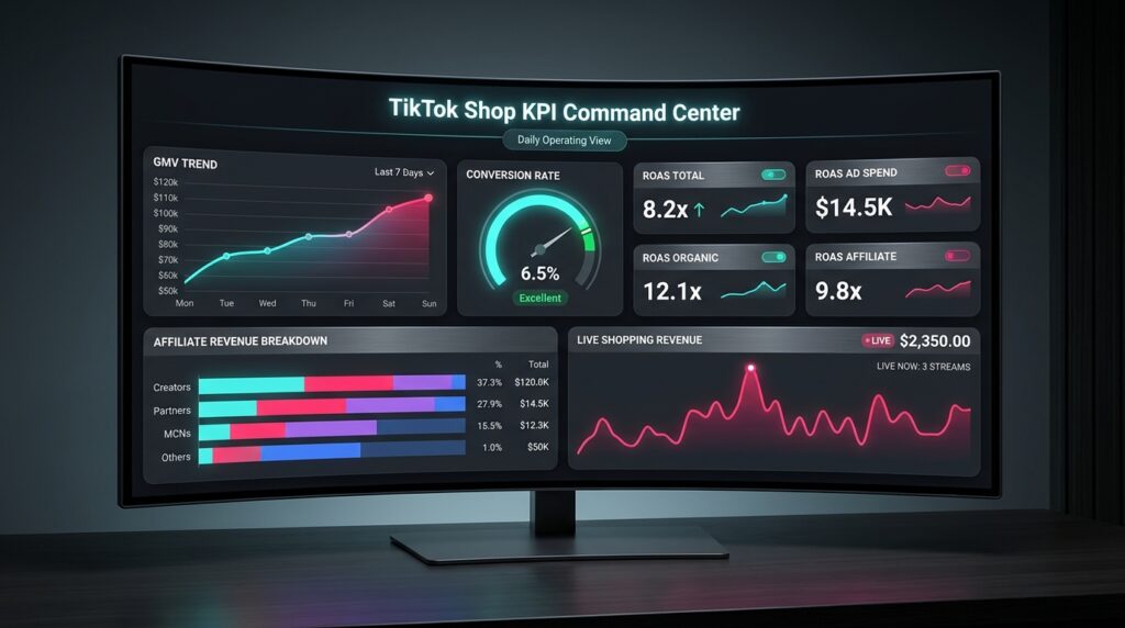 TikTok Shop KPI Command Center daily operating dashboard with GMV, conversion rate, ROAS, and affiliate revenue metrics