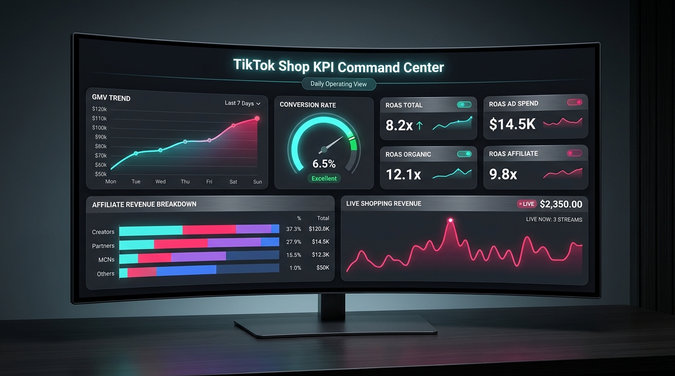 TikTok Shop KPI Command Center daily operating dashboard with GMV, conversion rate, ROAS, and affiliate revenue metrics