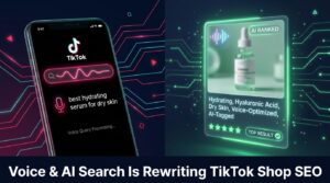 Voice and AI search rewriting TikTok Shop SEO — smartphone with waveform query and glowing product listing card