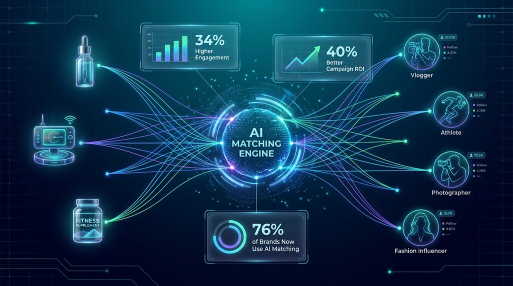 AI network graph connecting product icons to creator profiles with floating stat callouts showing 34% higher engagement and 40% better campaign ROI