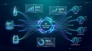AI network graph connecting product icons to creator profiles with floating stat callouts showing 34% higher engagement and 40% better campaign ROI