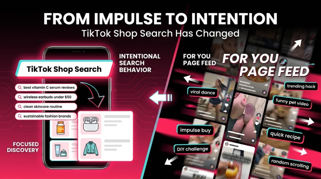 TikTok Shop 2026 search update — from impulse to intention, split-screen showing search bar vs FYP feed