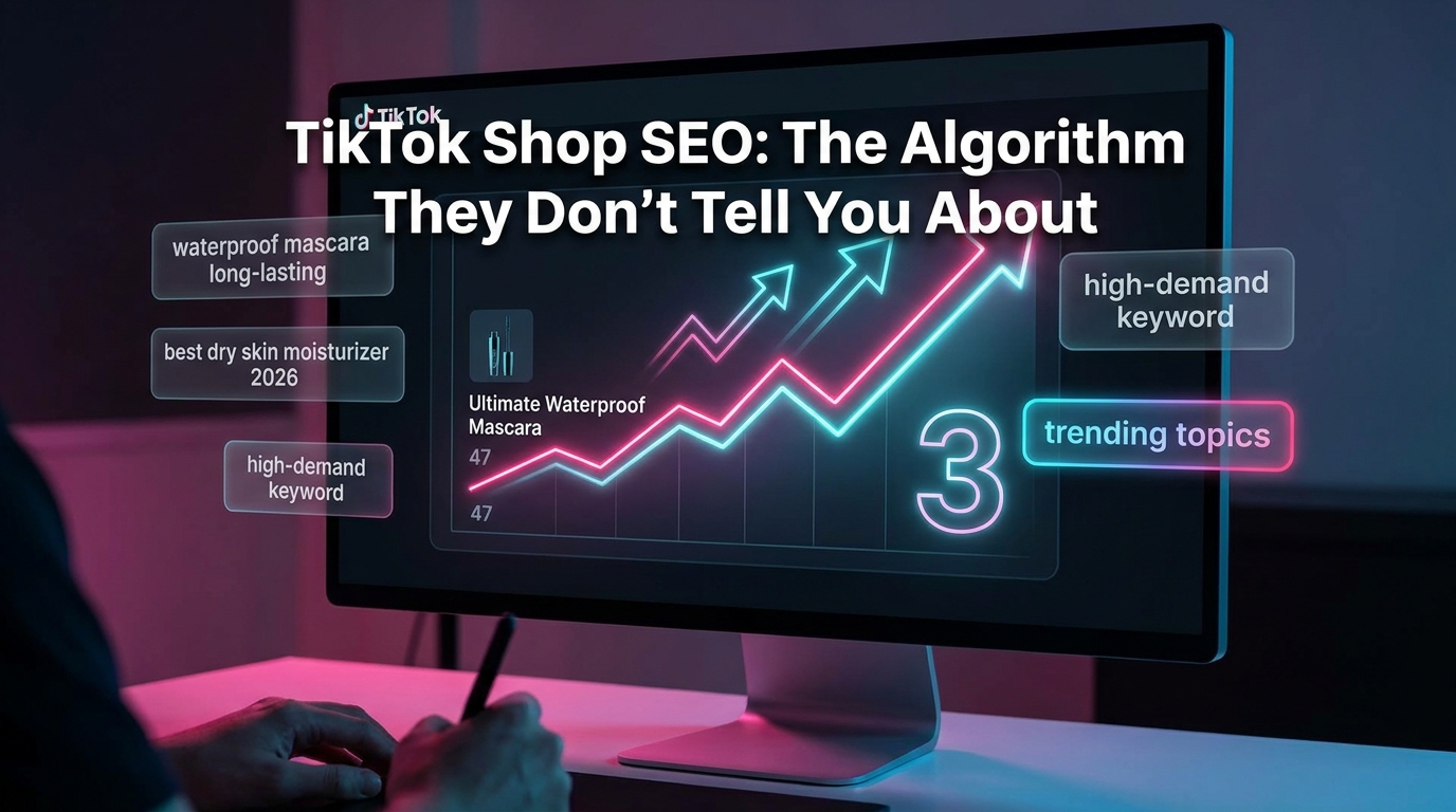 TikTok Shop SEO dashboard showing product climbing search rankings with keyword tags and performance graphs