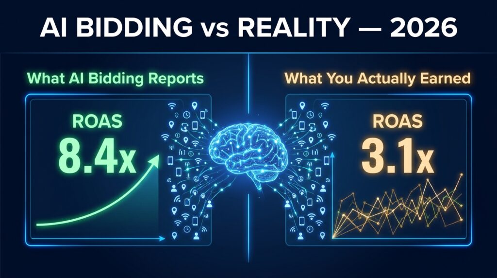AI bidding dashboard showing the gap between reported ROAS and actual earned ROAS in 2026