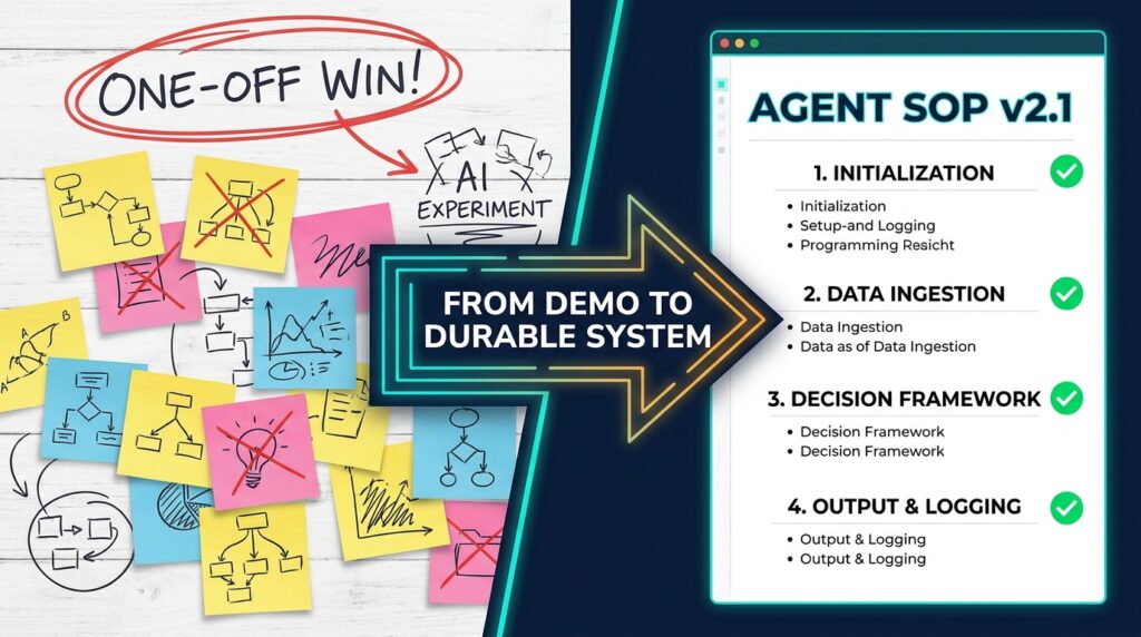 Split-screen showing a chaotic whiteboard of one-off AI agent wins on the left and a clean, structured Agent SOP v2.1 document on the right, with an arrow labeled